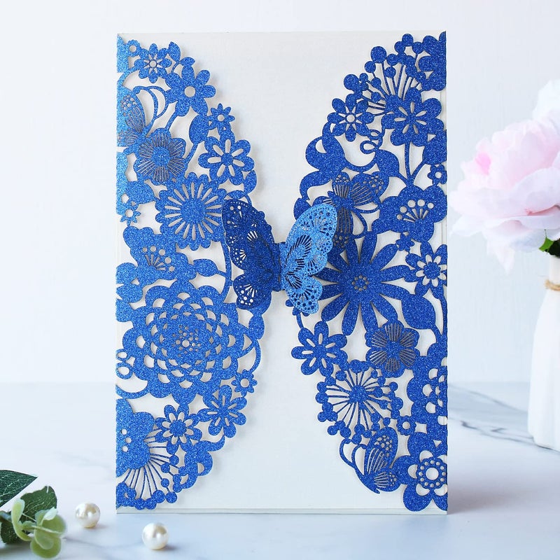 Hosmsua 5.12 x 7.3 Inch 20PCS Royal Blue Quinceanera Invitation Kit Laser Cut Lace Flora Butterfly Invitation Pocket with Envelope Invitation for Bridal Shower QuinceaÃ±era (Royal Blue Glitter) - Image 2